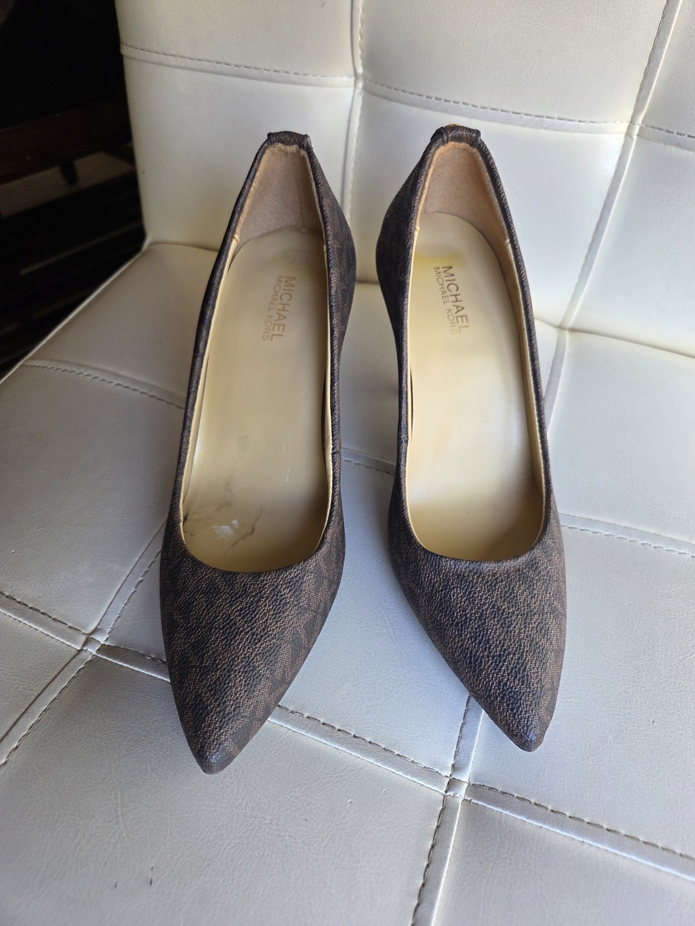 Michael Kors Brown Monogram Pointed-Toe Pumps